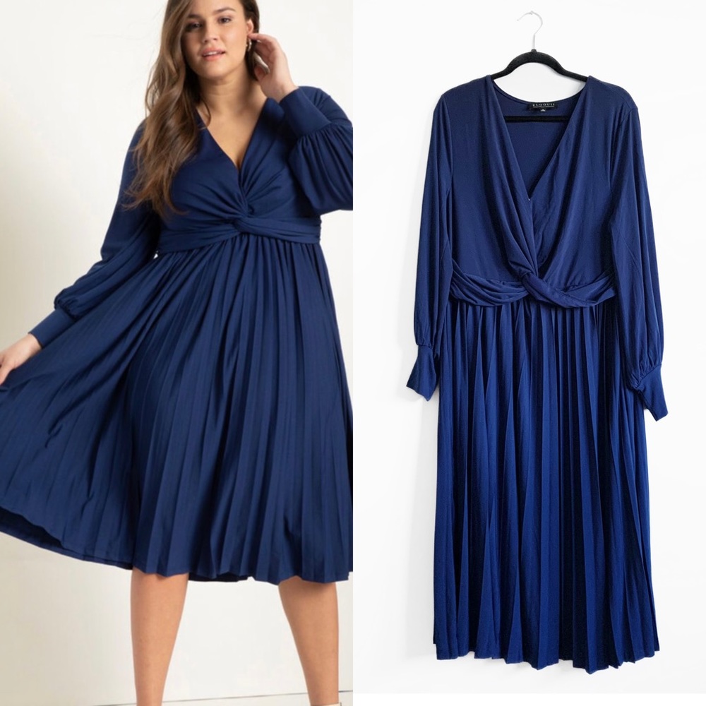 Eloquii Knot Front Pleated Skirt Dress Navy Blue Stretch Knit Jersey Plus Size